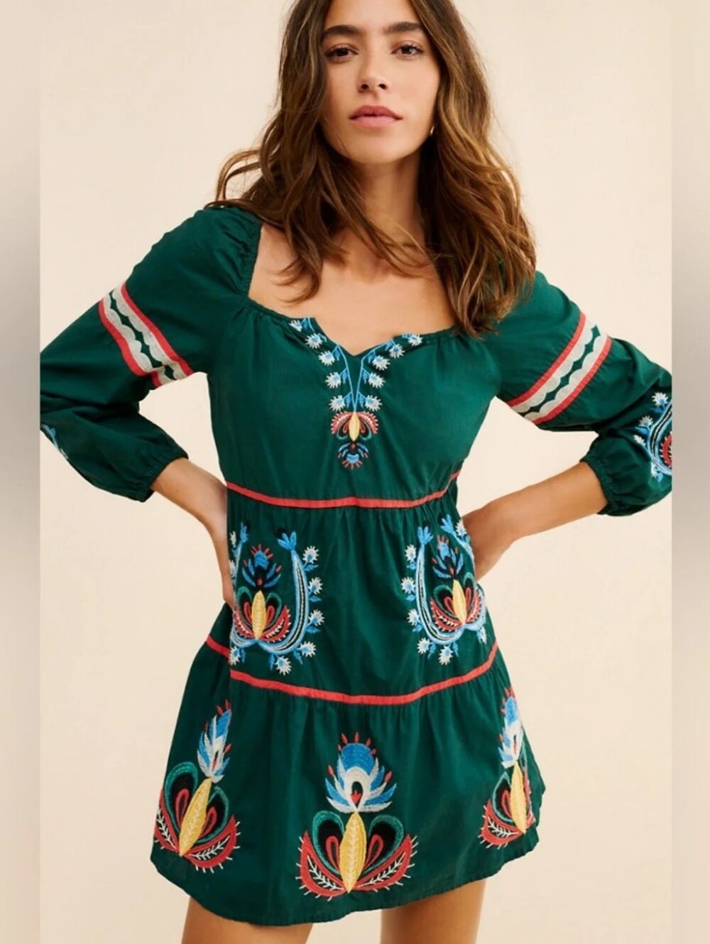 Anthropologie Forever That Girl Let Me Be Green Embroidered Tunic Dress Size S